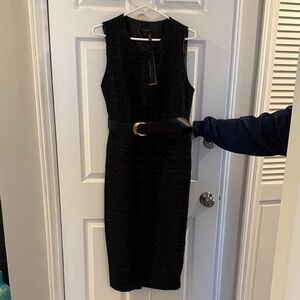 Donna Karan Black Sleeveless Midi Sheath Dress with Gold Buckle Belt